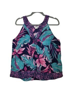 Christian Siriano Floral Print Sleeveless V Neck Halter Tank Top Sz Large Cotton